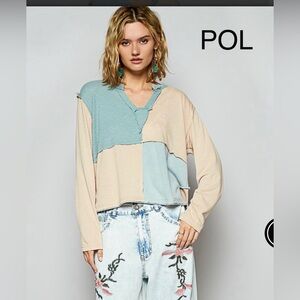 BP219-2🤍💙POL playful Patchwork Long Sleeve Top in pale Blue + cream! So cute!